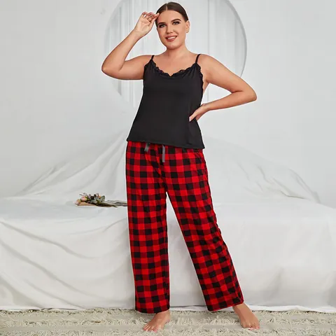 Ensemble Homewear Femme Grande Taille Haut Cami à Dentelle et Pantalon à Carreaux Buffalo Ensemble de Pyjama Deux Pièces