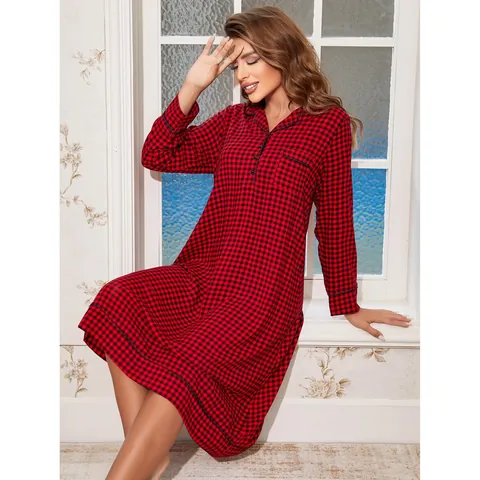 Women Christmas Buffalo Plaid Long Sleeve Viscose Nightdress Button-Down Lapel Loose Sleepwear Red Plaid Loungewear