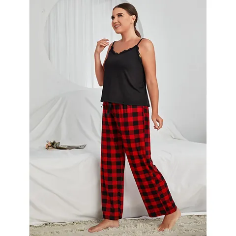 Ensemble Homewear Femme Grande Taille Haut Cami à Dentelle et Pantalon à Carreaux Buffalo Ensemble de Pyjama Deux Pièces