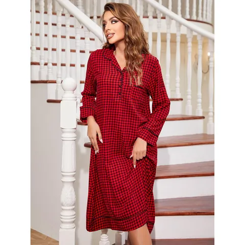 Women Christmas Buffalo Plaid Long Sleeve Viscose Nightdress Button-Down Lapel Loose Sleepwear Red Plaid Loungewear