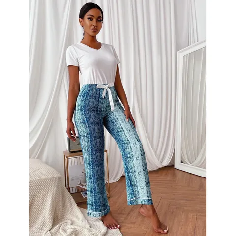 Women Viscose Polyester Pajama Set V-Neck Short Sleeve Top And Snake Skin Print Long Pants Casual Loungewear Sleepwear