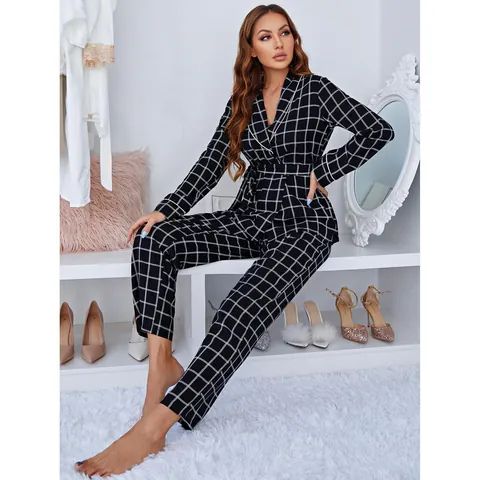 Women Viscose Plaid Lounge Set Wrap Long Sleeve Top And Bottom Pajama Set Gingham Print Sleepwear For Fall Winter Homewear