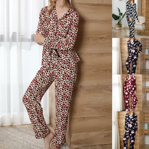 Women Leopard Print Viscose Pajamas Long Sleeve Top And Bottom Set Autumn Winter Casual Loungewear Comfortable Sleepwear