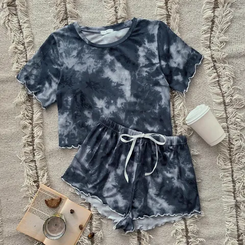 Women Tie-Dye Pajamas Top And Bottom Lettuce Trim Short Sleeve Round Neck Loungewear Polyester Elastane Home Service