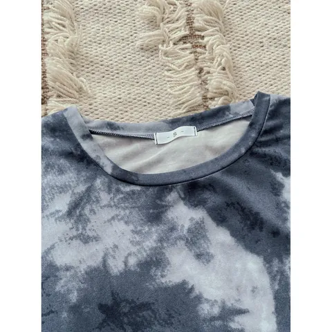 Women Tie-Dye Pajamas Top And Bottom Lettuce Trim Short Sleeve Round Neck Loungewear Polyester Elastane Home Service