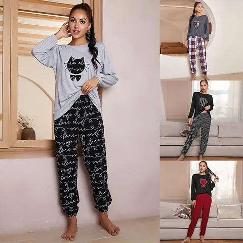 Pigiama Casual da Donna Stampa Gatto del Fumetto Manica Lunga Top And Bottom Abbigliamento da Casa Autunno Inverno