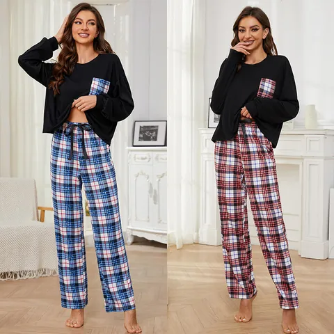 Women's Western Style Plaid Pajama Set Long Sleeve Round Neck Top And Bottom Casual Loungewear For Autumn Winter