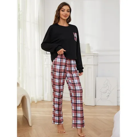 Women's Western Style Plaid Pajama Set Long Sleeve Round Neck Top And Bottom Casual Loungewear For Autumn Winter