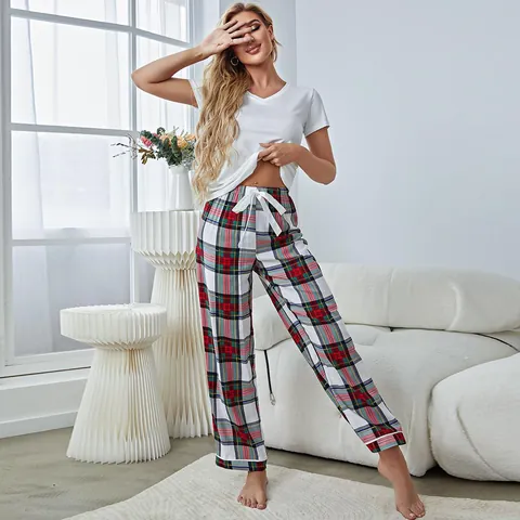 Women Western Style Casual Pajama Loungewear Top And Bottom Viscose Cotton Blend Short Sleeve White Top And Plaid Long Pants