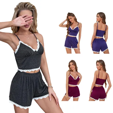 Women Sexy Lace Loungewear Set Spaghetti Strap V-Neck Camisole Top And Bottom Polyester Viscose Summer Sleepwear Home Suit