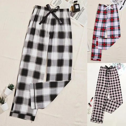 Women Plaid Pajama Pants Viscose Loose Wide Leg Loungewear With Bow Drawstring Elastic Waist Comfy Sleepwear Bottom