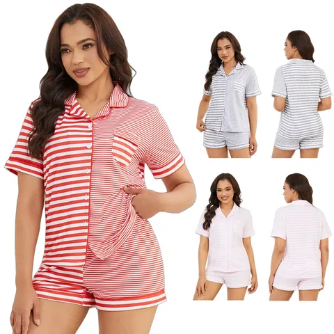 Women Striped Pajama Set Lapel Short Sleeve Top And Bottom Loungewear Summer Polyester Breathable Sleepwear Pjs For Lady