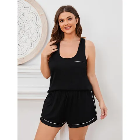 Damen Schlafanzug Set Große Größen Racerback Tank Top Und Shorts Mit Kontrastpaspel Top And Bottom Loungewear Nachtwäsche Set