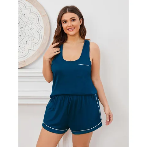 Damen Schlafanzug Set Große Größen Racerback Tank Top Und Shorts Mit Kontrastpaspel Top And Bottom Loungewear Nachtwäsche Set