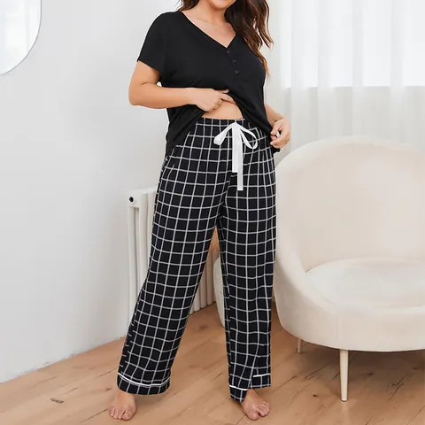 Women Plus Size Pajama Set V Neck Short Sleeve Top And Printed Long Pants Loungewear Casual Sleepwear Outfits