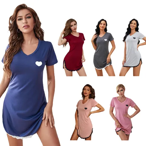 Women V Neck Short Sleeve Nightgown Polyester Viscose Heart Print Lace Trim Sexy Sleepwear Nightshirt For Summer Everyday