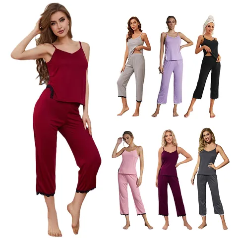 Women Sexy Lace Trim Camisole Pajama Set V Neck Sleeveless Top And Long Pants Two Piece Nightwear Lounge Home Wear