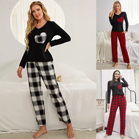 Women Casual Loungewear Set Long Sleeve Heart Pattern Top And Plaid Pants Pajama Set Soft Viscose Polyester Blend Home Wear