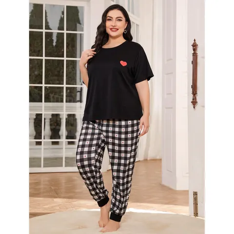 Women Plus Size Pajama Set Casual Short Sleeve Top And Plaid Heart Print Long Pants Sleepwear Loungewear Set For Ladies