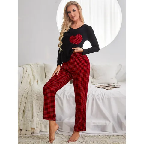 Women Casual Loungewear Set Long Sleeve Heart Pattern Top And Plaid Pants Pajama Set Soft Viscose Polyester Blend Home Wear