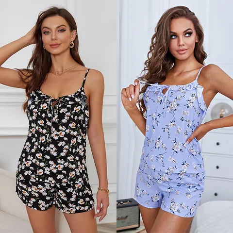 Women Sexy Floral Pajama Set Summer Spaghetti Strap Cami Top And Bottom Home Wear Viscose Printed Sleepwear Nightwear