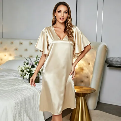 Women Sexy V-Neck Satin Nightdress Summer Ice Silk Loungewear Short Sleeve Split Hem Sleepwear Luxurious Solid Home Nightgown