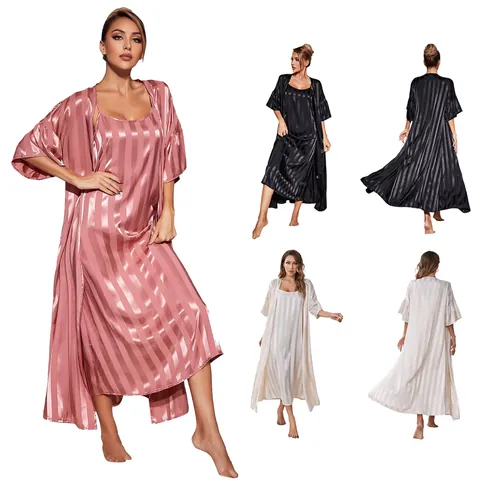 Camisón de Satén a Rayas para Mujer y Bata Ropa de Dormir Ropa de Casa Rayas Verticales Aspecto de Seda Top y Bottom Ropa de Noche para Mujer