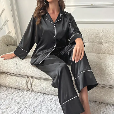 Women Top And Bottom Pajama Set Satin Solid Color Button Down Long Sleeve Sleepwear Casual Loungewear Two Piece Home Wear