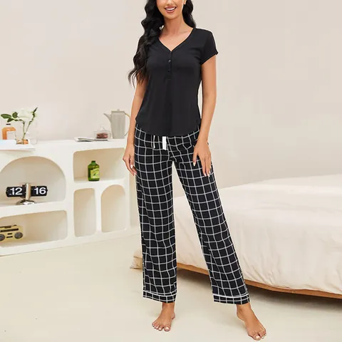 Women Casual Viscose Pajama Set Short Sleeve V-Neck Top And Plaid Long Pants Loungewear Nightwear Summer Sleepwear