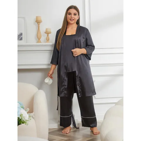 Women Plus Size Three Piece Pajama Set Satin Robe Camisole Pants Lounge Wear Contrast Binding Heart Pattern Sleepwear