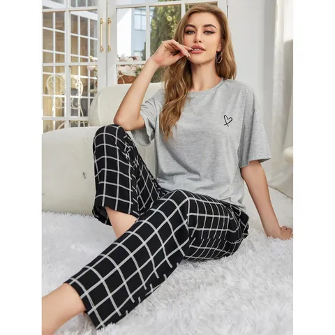 Women's Casual Loungewear Set Short Sleeve Heart Embroidery Top And Plaid Long Pants Home Wear Nightwear Top And Bottom