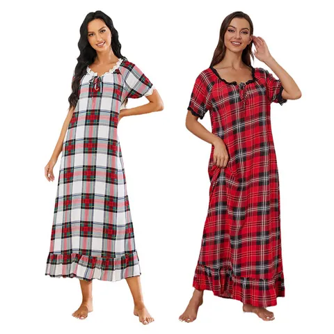 Chemise de Nuit Décontractée pour Femmes à Carreaux Manches Courtes Robe de Nuit Longue avec Dentelle Volants Viscose