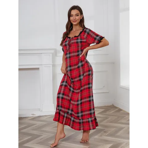 Chemise de Nuit Décontractée pour Femmes à Carreaux Manches Courtes Robe de Nuit Longue avec Dentelle Volants Viscose