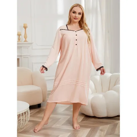 Women Plus Size Long Nightdress Lace Trim Long Sleeve Viscose Sleepwear Simple Casual Loungewear Square Neck Nightgown