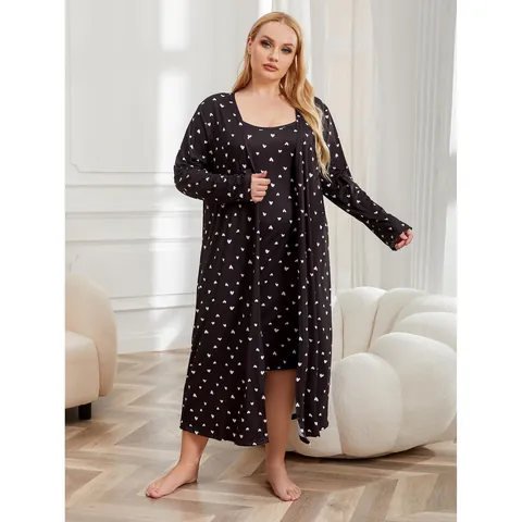 Women Plus Size Satin Loungewear Black Heart Printed Nightgown And Robe Top And Bottom Casual Cooling Sleepwear Clothing