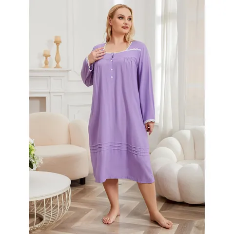 Women Plus Size Long Nightdress Lace Trim Long Sleeve Viscose Sleepwear Simple Casual Loungewear Square Neck Nightgown