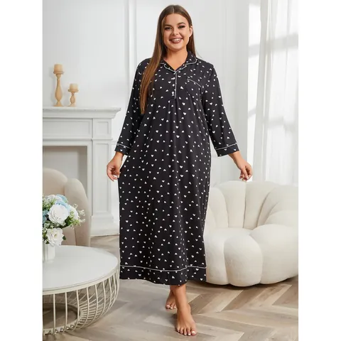 Women Plus Size Nightgown Long Sleeve Heart Print Sleepwear Revere Collar Button Down Loungewear Polyester Elastane Nightdress