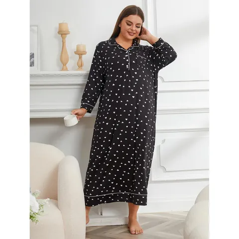 Women Plus Size Nightgown Long Sleeve Heart Print Sleepwear Revere Collar Button Down Loungewear Polyester Elastane Nightdress