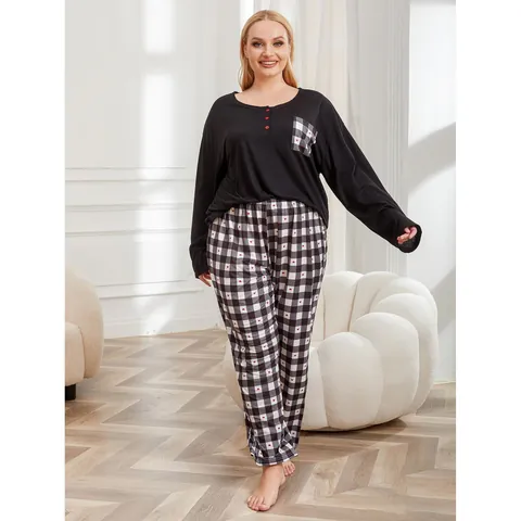 Plus Size Women Pajama Set Long Sleeve Black Top Plaid Heart Print Pants Loungewear Set For Autumn Winter Women Plus Size Clothing