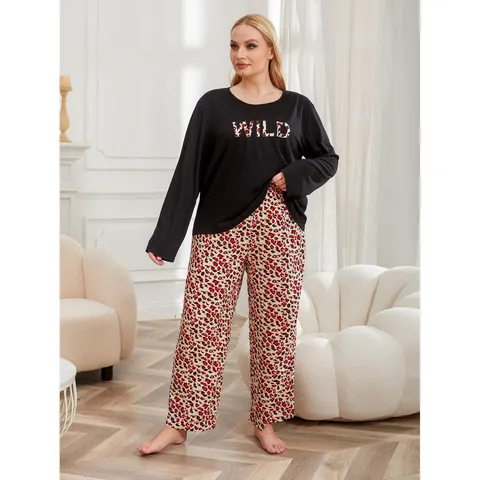 Women Plus Size Pajama Set Long Sleeve Top And Bottom Leopard Print Sleepwear Casual Lounge Set Polyester Viscose Nightwear