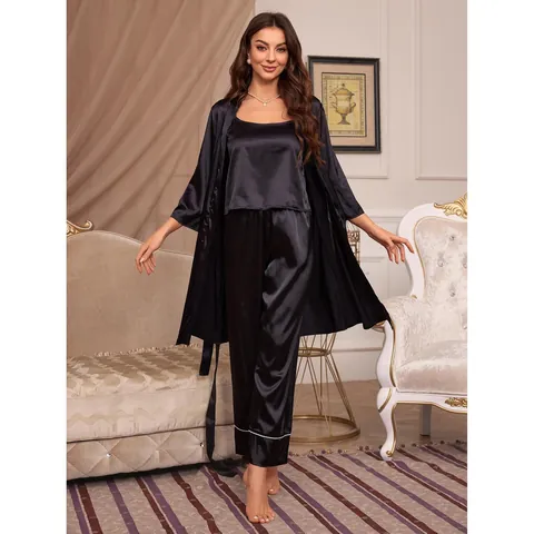 Ensemble De Détente Trois Pièces Pour Femmes Robe En Satin Polyester Camisole Pantalon Couleur Unie Vêtements De Nuit Top And Bottom