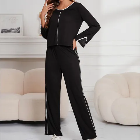 Damen Casual Loungewear Set Zweiteilige Outfits Kontrast Paspelierung Langarm Top Und Lange Hose Schlafanzug Set Herbst Winter