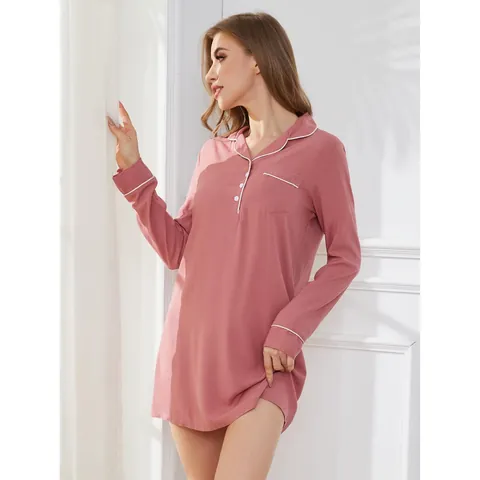 Women Casual Long Sleeve Nightgown Soft Viscose Sleepwear Contrast Piping V Neck Button Down Shirt Sleep Dress Home Wear