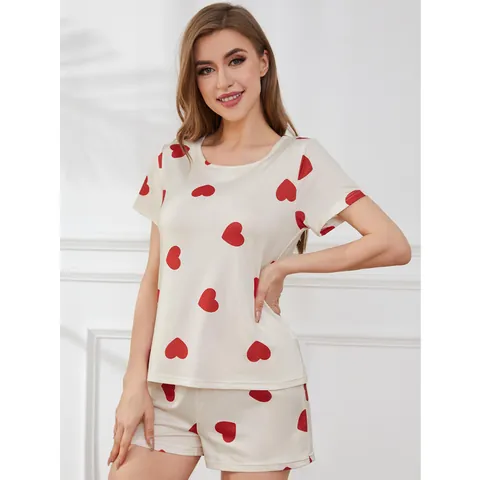 Women's Casual Heart Print Pajama Set Short Sleeve Top And Bottom Summer Thin Sleepwear Homewear Two Piece Loungewear Outfit