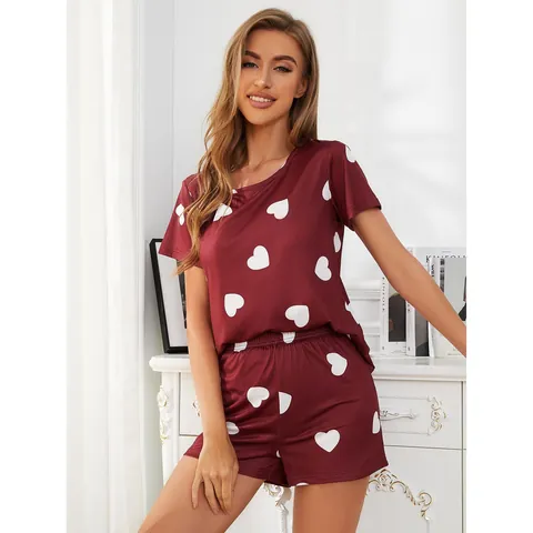 Women's Casual Heart Print Pajama Set Short Sleeve Top And Bottom Summer Thin Sleepwear Homewear Two Piece Loungewear Outfit