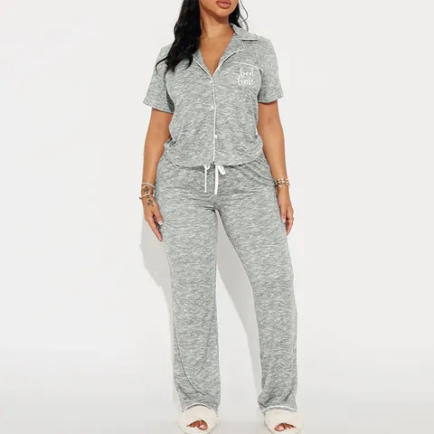 Conjunto de Ropa de Descanso para Mujer Gris Jaspeado Top Manga Corta Y Pantalones Largos Pijama Bordado Ropa Casual