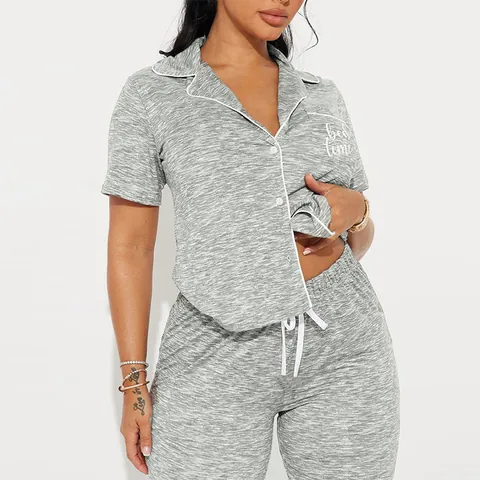Conjunto de Ropa de Descanso para Mujer Gris Jaspeado Top Manga Corta Y Pantalones Largos Pijama Bordado Ropa Casual
