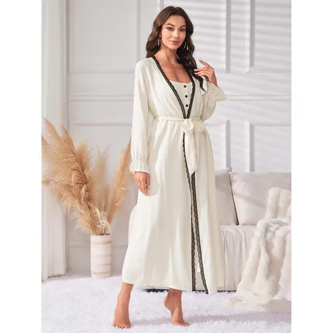 Ensemble de Nuit en Viscose pour Femmes Deux Pièces Beige Bordure en Dentelle Peignoir et Nuisette Décontracté Top And Bottom