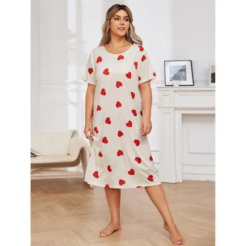 Women Plus Size Summer Nightgown Polyester Short Sleeve Heart Print Round Neck Loose Comfortable Sleepwear Home Dress Top