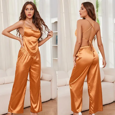 Set Pigiama da Donna Sexy in Raso con Spalline Sottili Collo ad Anello Top Senza Schienale e Pantaloni Lunghi Gamba Larga
